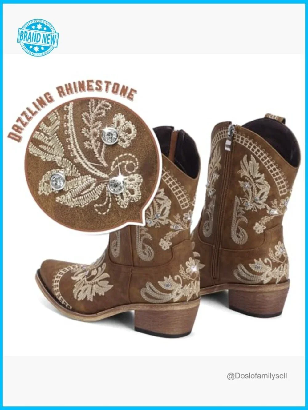 Western Embroidered Cowgirl Boots with Rhinestones Pointed Toe Chunky Heel